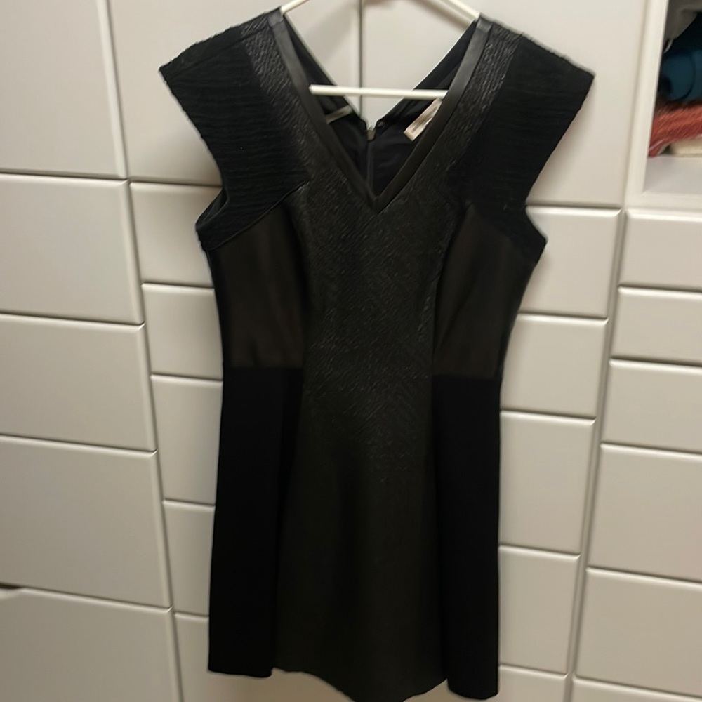 Rebecca Taylor black tweet and leather cap sleeved dress, size 2.